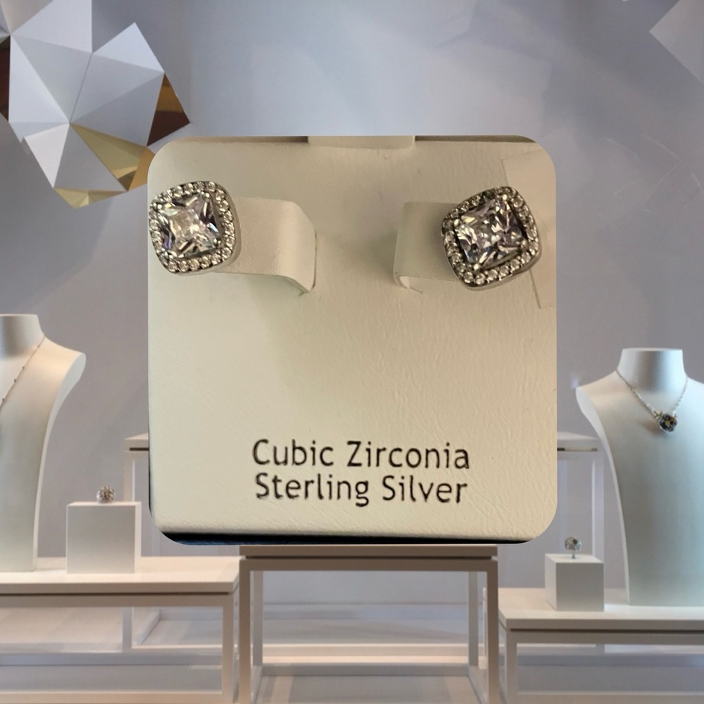 Conflict-free Diamond Halo Sterling Silver Stud Earrings NWT